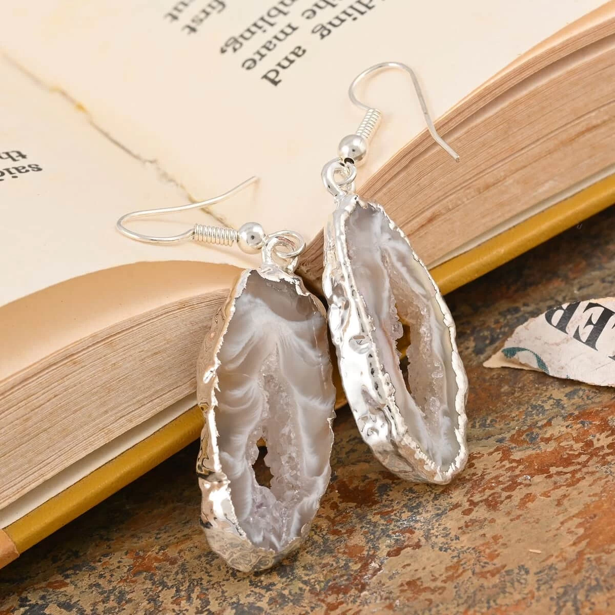 Pink Geode Slice Earrings In Silvertone 28.80 Ctw 4 Pink Geode Slice Earrings In Silvertone 28.80 Ctw - Image 2