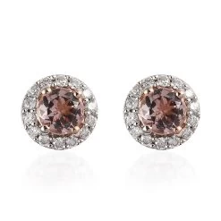 Red Rose Apatite And Moissanite Halo Stud Earrings In Vermeil Rose Gold Over Sterling Silver 0.90 Ctw