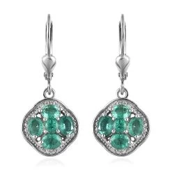 AAA Kagem Zambian Emerald And White Zircon Lever Back Earrings In Platinum Over Sterling Silver 1.75 Ctw
