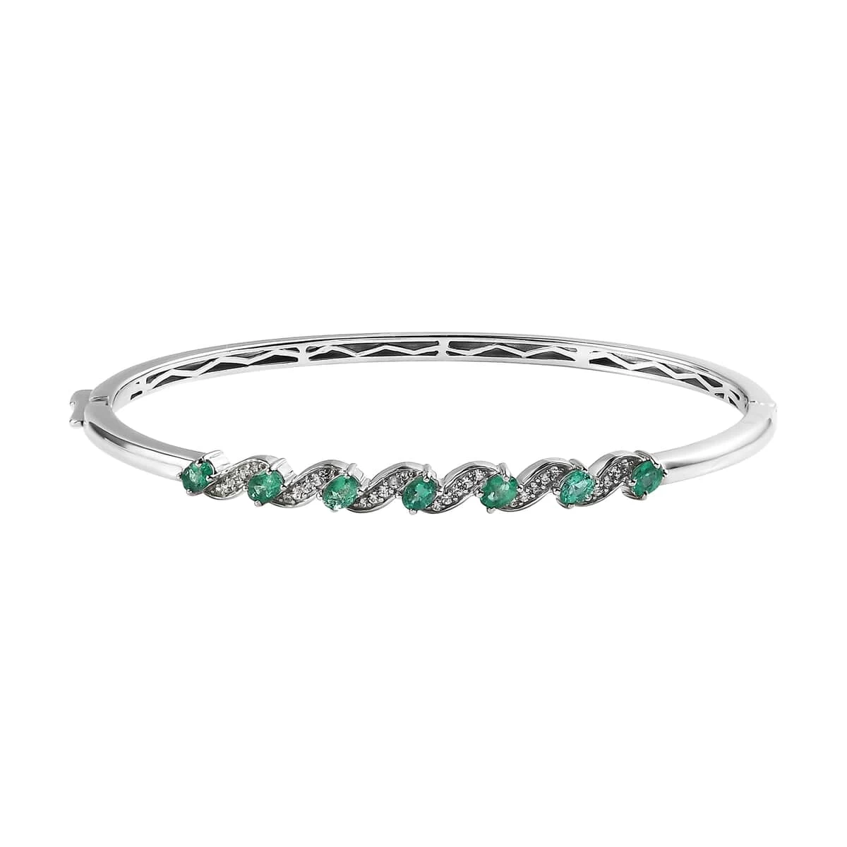AAA Kagem Zambian Emerald And White Zircon Bangle Bracelet In Platinum Over Sterling Silver (7.25 In) 1.35 Ctw 3 AAA Kagem Zambian Emerald And White Zircon Bangle Bracelet In Platinum Over Sterling Silver (7.25 In) 1.35 Ctw