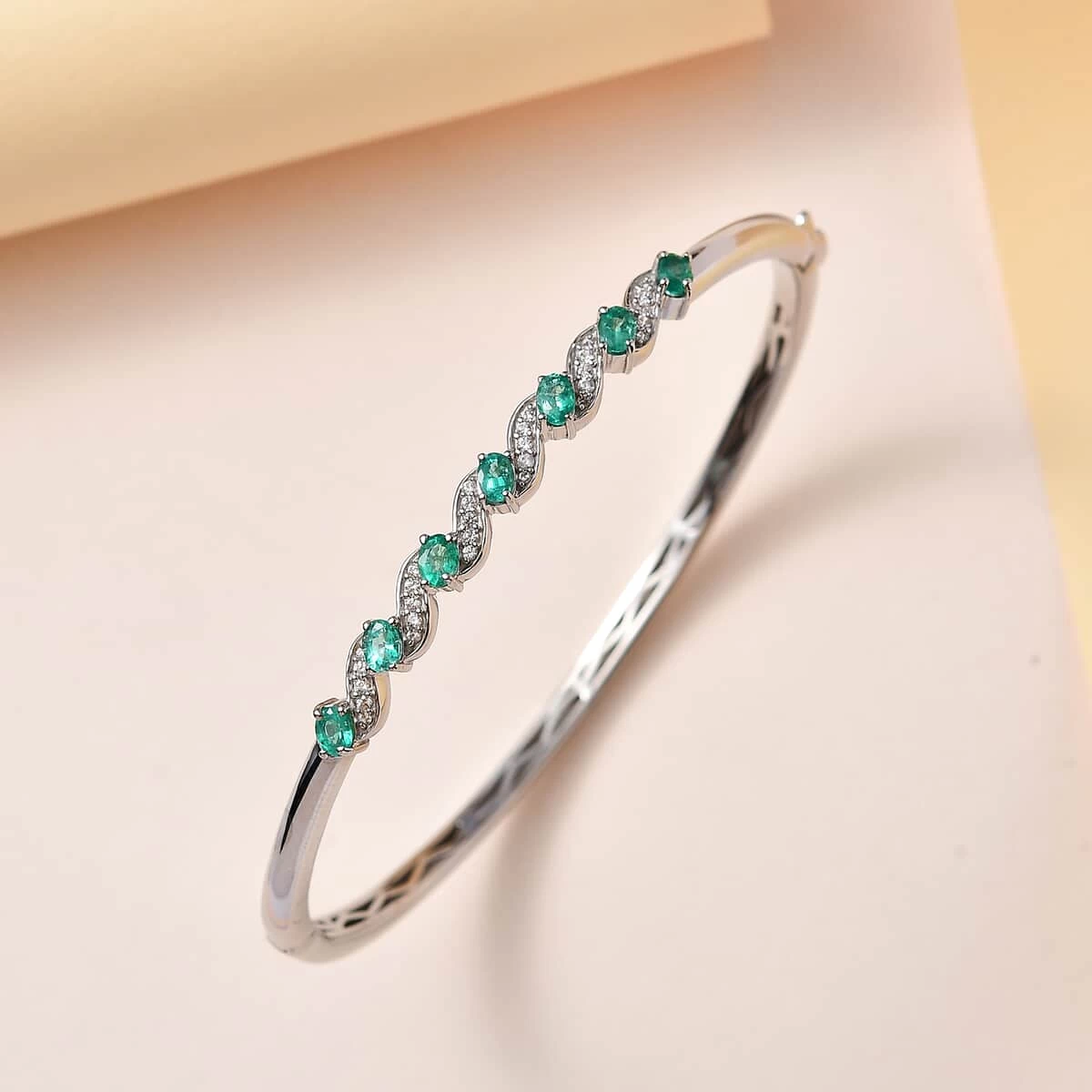 AAA Kagem Zambian Emerald And White Zircon Bangle Bracelet In Platinum Over Sterling Silver (7.25 In) 1.35 Ctw 4 AAA Kagem Zambian Emerald And White Zircon Bangle Bracelet In Platinum Over Sterling Silver (7.25 In) 1.35 Ctw - Image 2