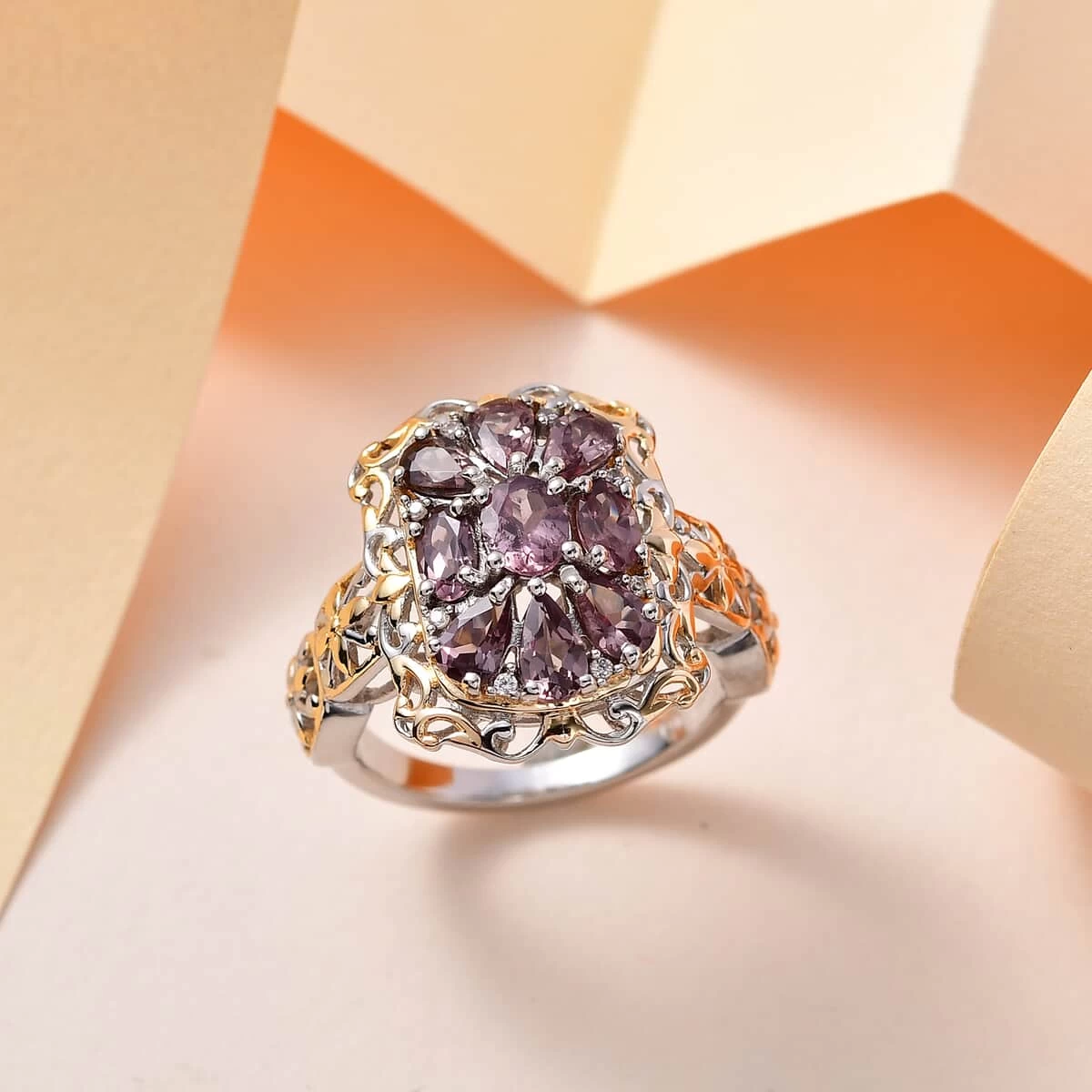 Bekily Color Change Garnet And White Zircon Ring In Vermeil Yellow Gold And Platinum Over Sterling Silver 2.65 Ctw 4 Bekily Color Change Garnet And White Zircon Ring In Vermeil Yellow Gold And Platinum Over Sterling Silver 2.65 Ctw - Image 2