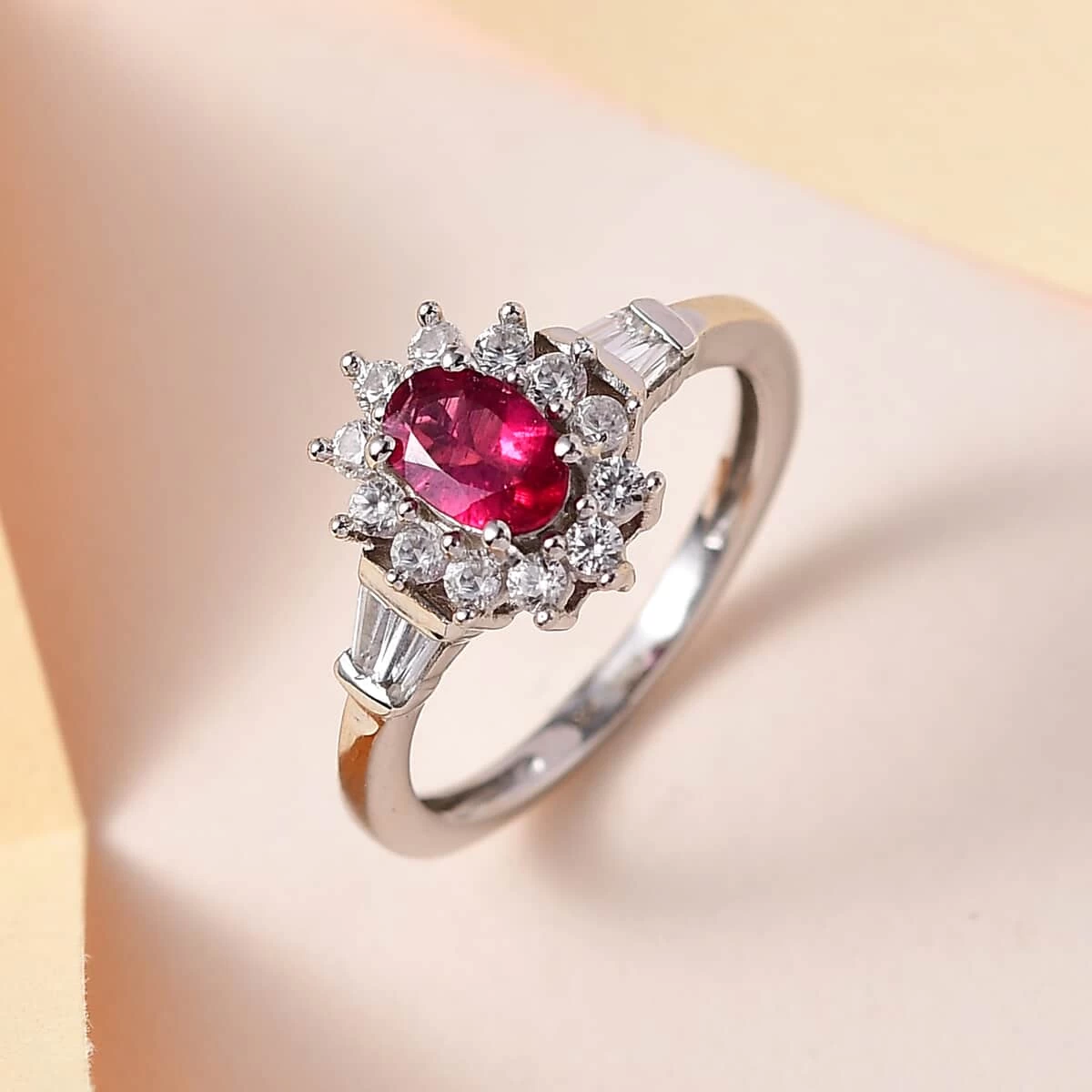 Premium Ouro Fino Rubellite And White Zircon Sunburst Ring In Platinum Over Sterling Silver 1.15 Ctw 4 Premium Ouro Fino Rubellite And White Zircon Sunburst Ring In Platinum Over Sterling Silver 1.15 Ctw - Image 2