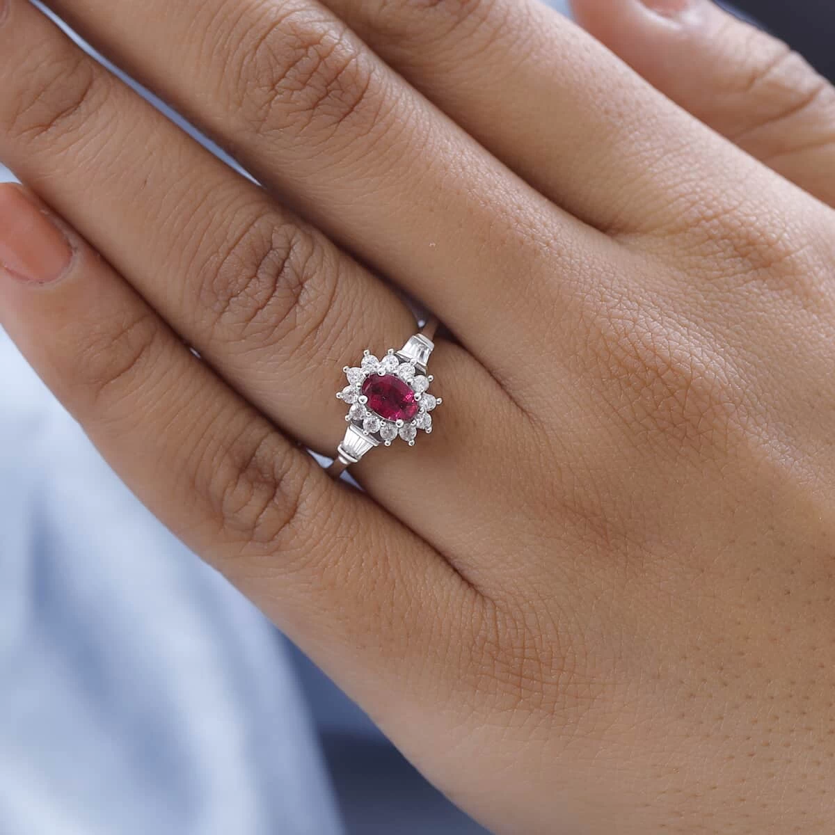 Premium Ouro Fino Rubellite And White Zircon Sunburst Ring In Platinum Over Sterling Silver 1.15 Ctw 5 Premium Ouro Fino Rubellite And White Zircon Sunburst Ring In Platinum Over Sterling Silver 1.15 Ctw - Image 3