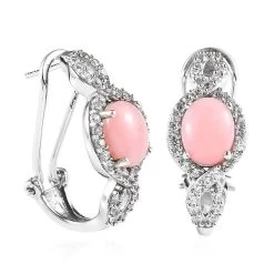 Premium Peruvian Pink Opal And White Zircon Omega Clip Earrings In Platinum Over Sterling Silver 4.50 Ctw