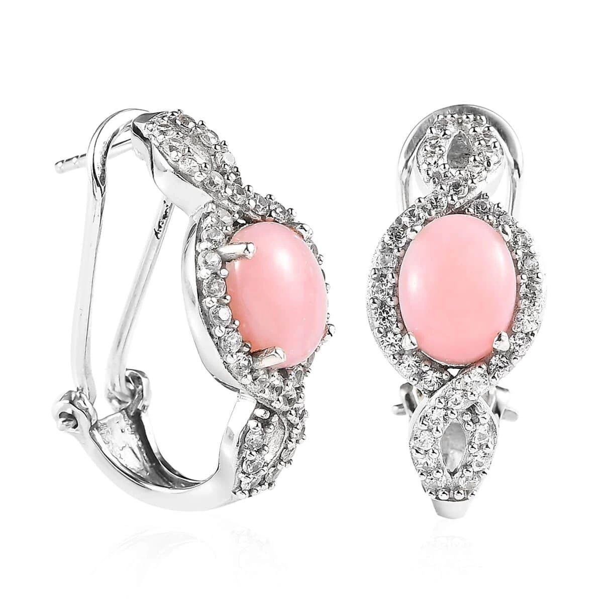 Premium Peruvian Pink Opal And White Zircon Omega Clip Earrings In Platinum Over Sterling Silver 4.50 Ctw 3 Premium Peruvian Pink Opal And White Zircon Omega Clip Earrings In Platinum Over Sterling Silver 4.50 Ctw