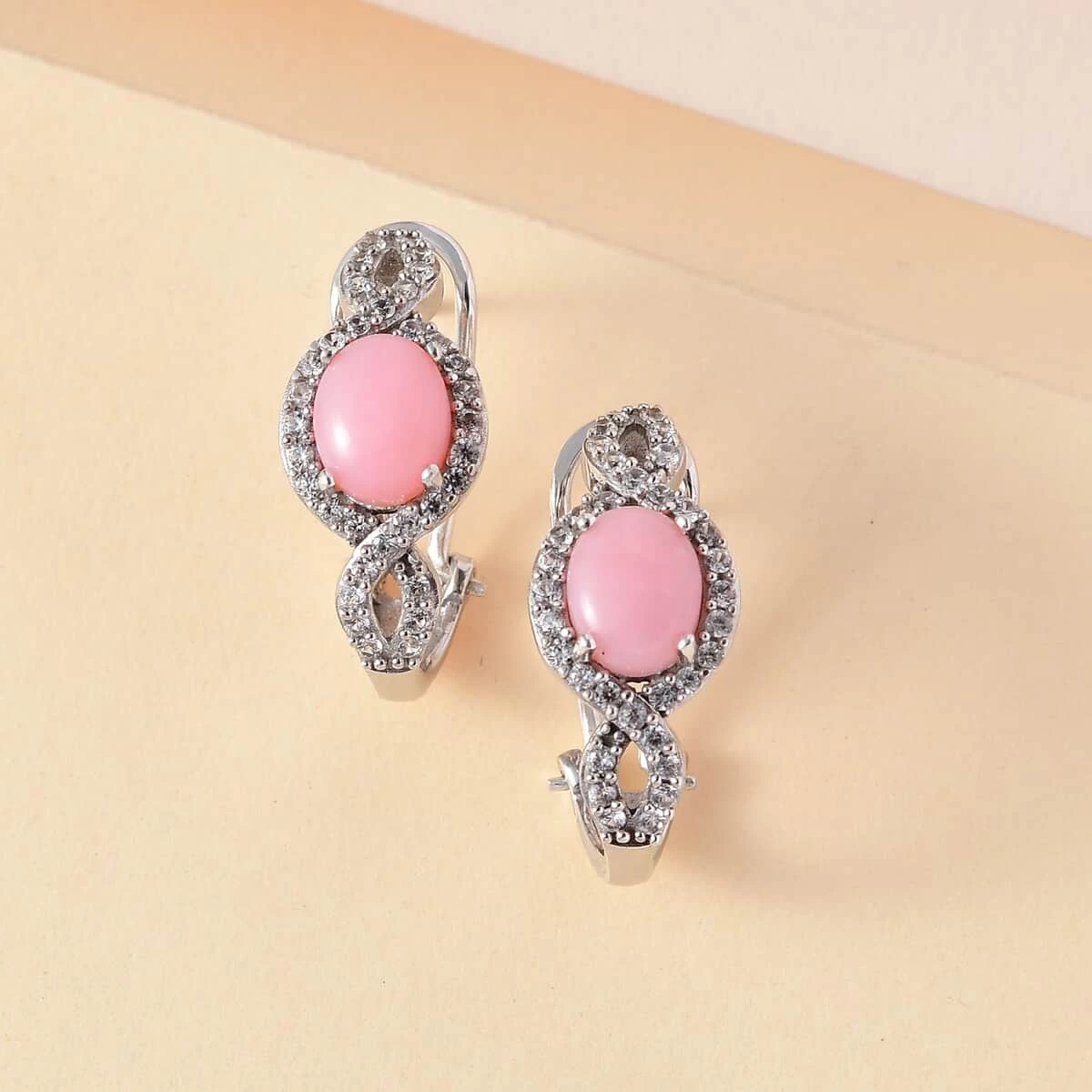 Premium Peruvian Pink Opal And White Zircon Omega Clip Earrings In Platinum Over Sterling Silver 4.50 Ctw 4 Premium Peruvian Pink Opal And White Zircon Omega Clip Earrings In Platinum Over Sterling Silver 4.50 Ctw - Image 2