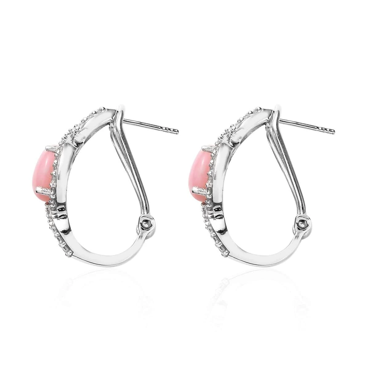 Premium Peruvian Pink Opal And White Zircon Omega Clip Earrings In Platinum Over Sterling Silver 4.50 Ctw 6 Premium Peruvian Pink Opal And White Zircon Omega Clip Earrings In Platinum Over Sterling Silver 4.50 Ctw - Image 4