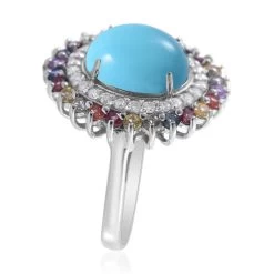 Premium Sleeping Beauty Turquoise And Multi Gemstone Double Halo Ring In Platinum Over Sterling Silver 5.40 Ctw -Jewelry store 7519162 2