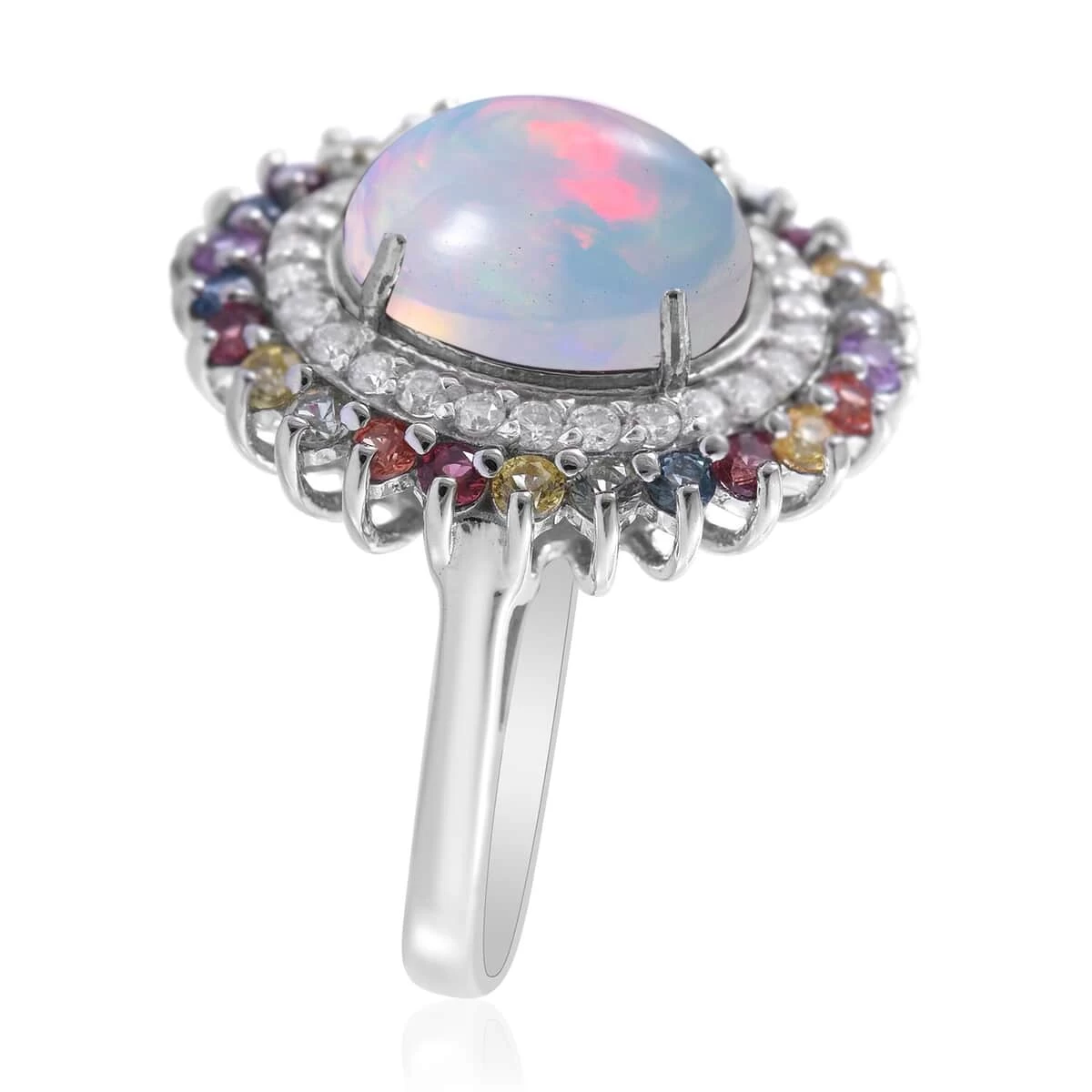 Premium Ethiopian Welo Opal And Multi Gemstone Double Halo Ring In Platinum Over Sterling Silver 4.35 Ctw 5 Premium Ethiopian Welo Opal And Multi Gemstone Double Halo Ring In Platinum Over Sterling Silver 4.35 Ctw - Image 3