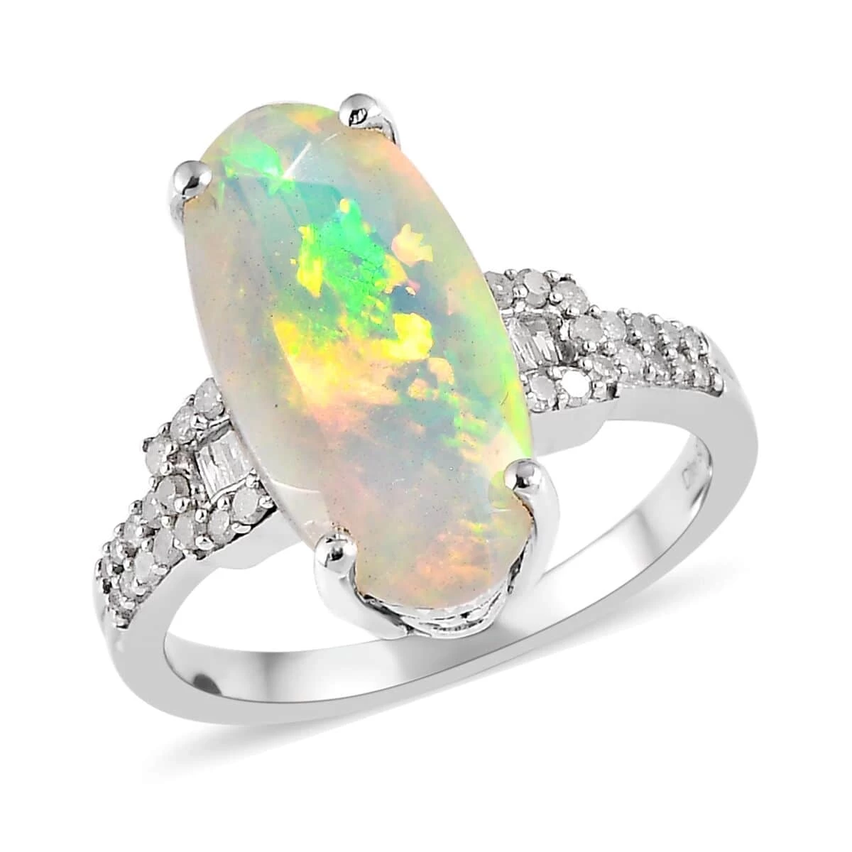 AAA Ethiopian Welo Opal, Diamond (0.28 Cts) Ring In Platinum Over Sterling Silver 3.00 Ctw 3 AAA Ethiopian Welo Opal, Diamond (0.28 Cts) Ring In Platinum Over Sterling Silver 3.00 Ctw
