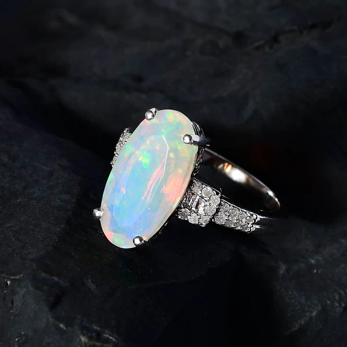 AAA Ethiopian Welo Opal, Diamond (0.28 Cts) Ring In Platinum Over Sterling Silver 3.00 Ctw 4 AAA Ethiopian Welo Opal, Diamond (0.28 Cts) Ring In Platinum Over Sterling Silver 3.00 Ctw - Image 2