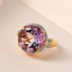 Rose De France Amethyst And White Zircon Cocktail Ring In Vermeil Yellow Gold Over Sterling Silver 12.85 Ctw -Jewelry store 7532352 1