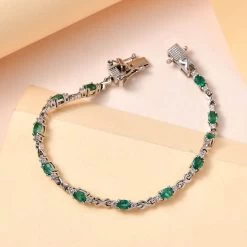 AAA Kagem Zambian Emerald And White Zircon Bracelet In Platinum Over Sterling Silver (6.50 In) 2.00 Ctw -Jewelry store 7532421 1