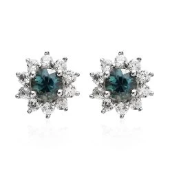 Australian Sapphire And White Zircon Sunburst Stud Earrings In Platinum Over Sterling Silver 1.10 Ctw