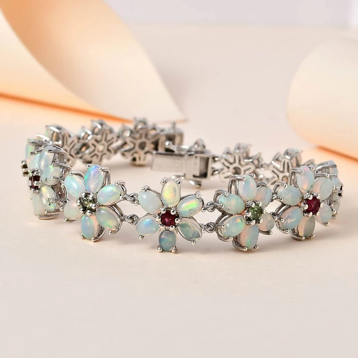 Premium Ethiopian Welo Opal And Multi-Tourmaline Floral Bracelet In Platinum Over Sterling Silver (7.25 In) 17.00 Ctw 4 Premium Ethiopian Welo Opal And Multi-Tourmaline Floral Bracelet In Platinum Over Sterling Silver (7.25 In) 17.00 Ctw - Image 2