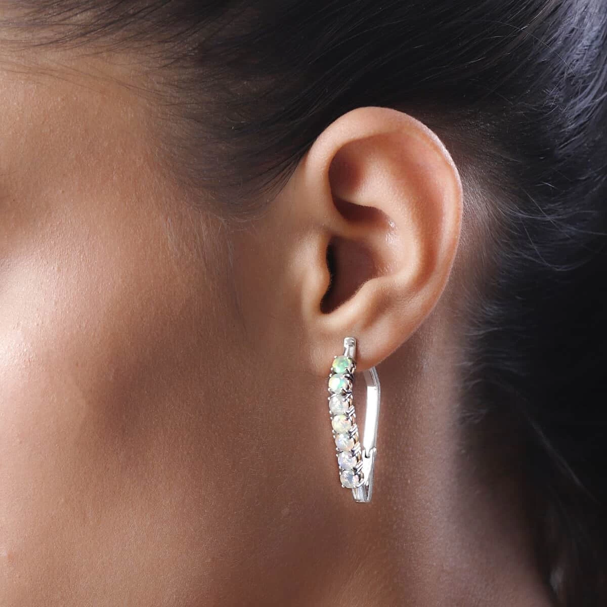 Value Buy Premium Ethiopian Welo Opal Hoop Earrings In Platinum Over Sterling Silver 2.50 Ctw 5 Value Buy Premium Ethiopian Welo Opal Hoop Earrings In Platinum Over Sterling Silver 2.50 Ctw - Image 3