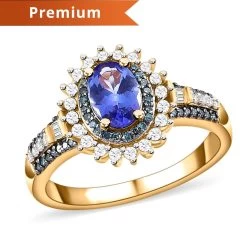 AAA Tanzanite Ring, Blue And White Diamond Accent Ring, Tanzanite Sunburst Ring, Sunburst Halo Ring, Vermeil Yellow Gold Over Sterling Silver Ring 1.20 Ctw