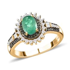 AAA Kagem Zambian Emerald Ring, Green And White Diamond Accent Ring, Emerald Sunburst Ring, Sunburst Halo Ring, Vermeil Yellow Gold Over Sterling Silver Ring 1.20 Ctw