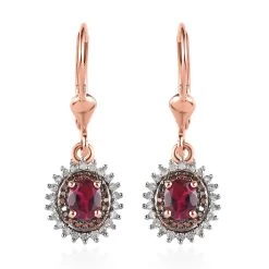 AAA Ouro Fino Rubellite, Red And White Diamond Lever Back Earrings In Vermeil Rose Gold Over Sterling Silver 1.00 Ctw
