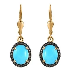 Sleeping Beauty Turquoise And Red Diamond Lever Back Earrings In Vermeil Yellow Gold Over Sterling Silver 3.00 Ctw