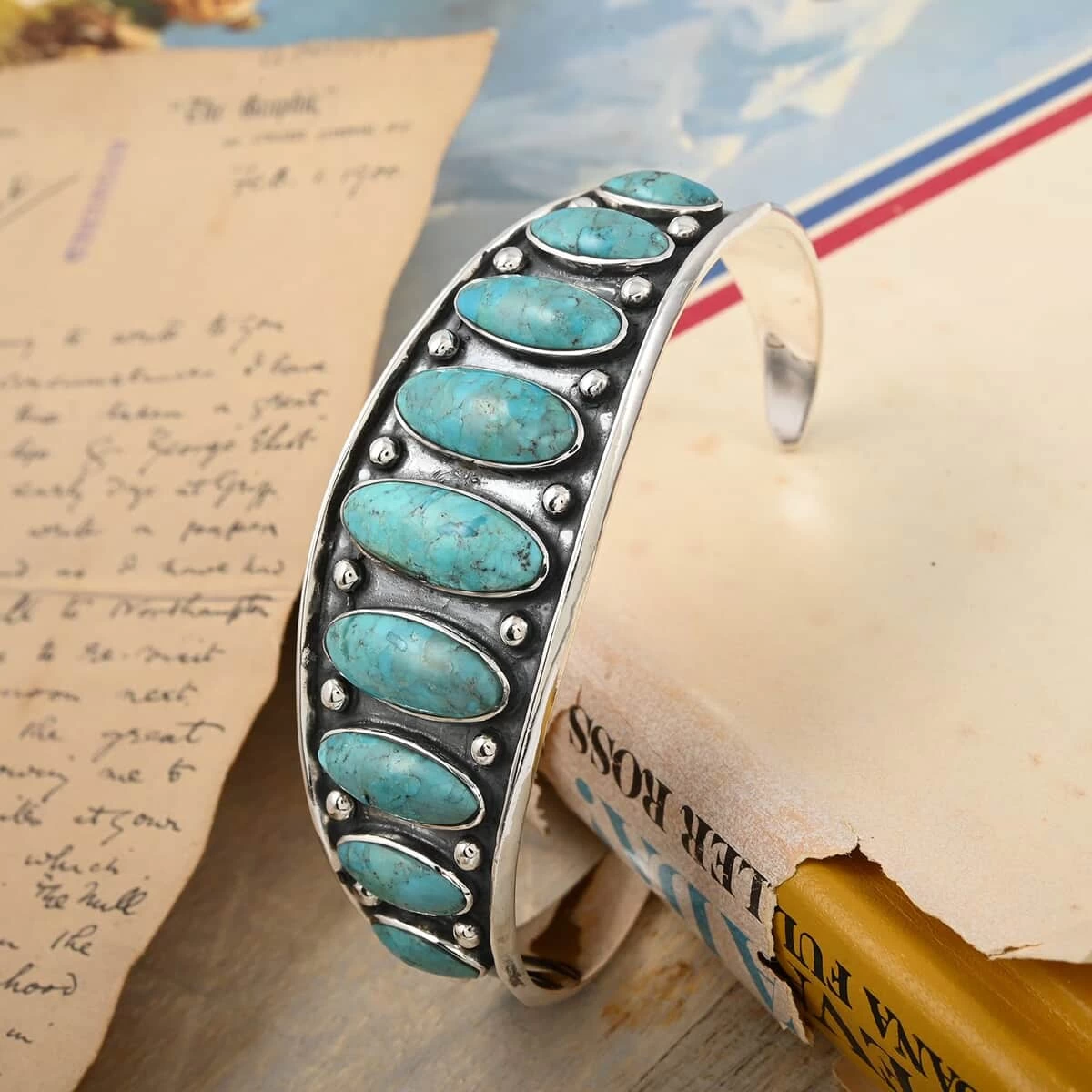 Santa Fe Style Kingman Turquoise Cuff Bracelet In Sterling Silver (7.00 In) 22.25 Ctw 4 Santa Fe Style Kingman Turquoise Cuff Bracelet In Sterling Silver (7.00 In) 22.25 Ctw - Image 2