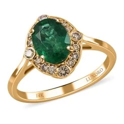 Certified Luxoro 14K Yellow Gold AAA Kagem Zambian Emerald And G-H I2 Diamond Ring 1.35 Ctw (Del. In 3-5 Days)