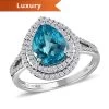 Luxoro 10K White Gold Premium Madagascar Paraiba Apatite And Moissanite Double Halo Ring 3.15 Ctw