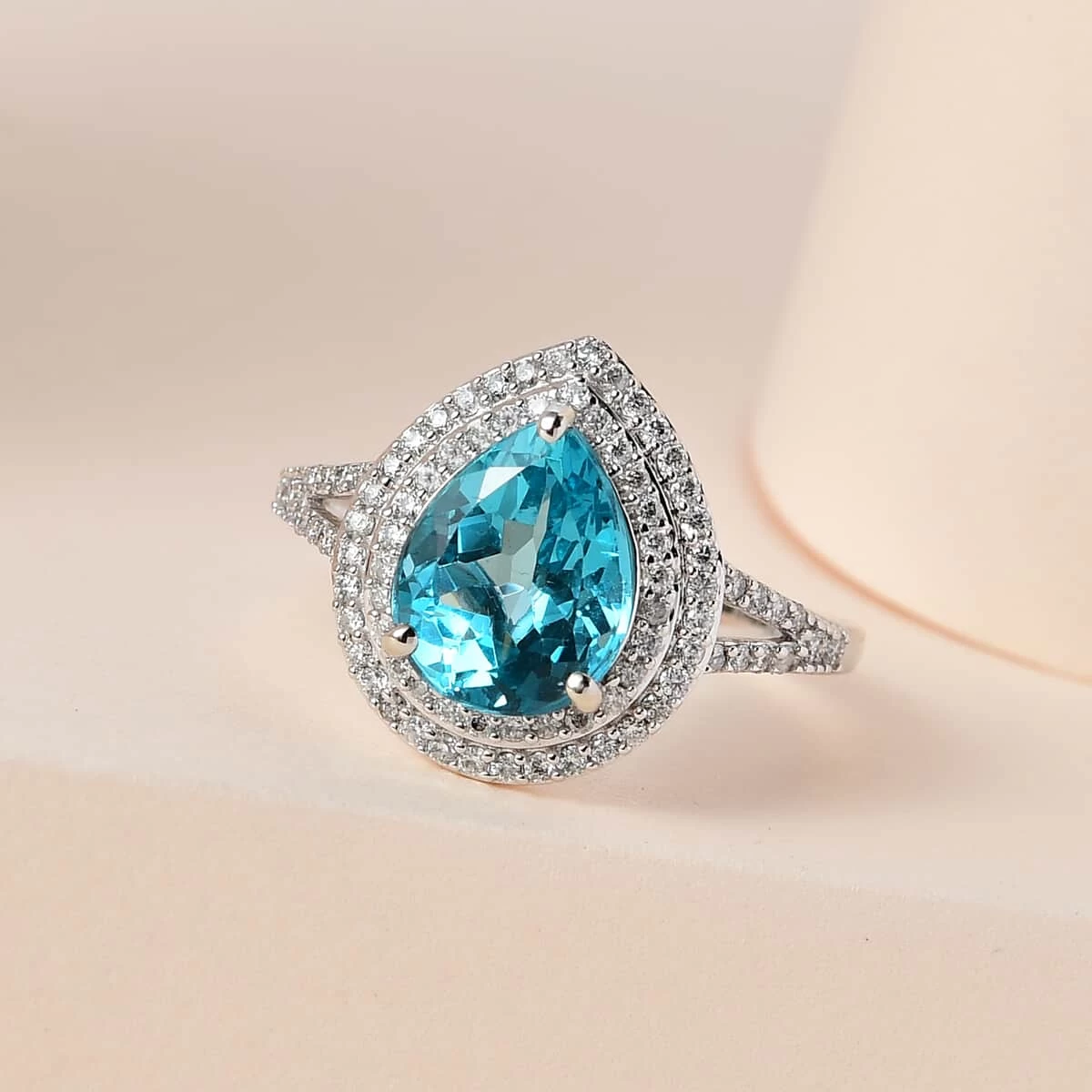 Luxoro 10K White Gold Premium Madagascar Paraiba Apatite And Moissanite Double Halo Ring 3.15 Ctw 4 Luxoro 10K White Gold Premium Madagascar Paraiba Apatite And Moissanite Double Halo Ring 3.15 Ctw - Image 2