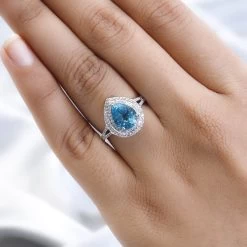 Luxoro 10K White Gold Premium Madagascar Paraiba Apatite And Moissanite Double Halo Ring 3.15 Ctw 10 Luxoro 10K White Gold Premium Madagascar Paraiba Apatite And Moissanite Double Halo Ring 3.15 Ctw -Jewelry store 7535160 2