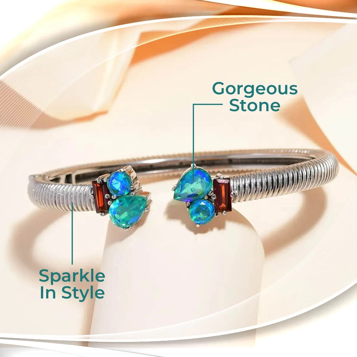 Peacock Quartz Triplet Cuff Bracelet ,Mozambique Garnet Accent Bracelet , Stainless Steel Bracelet , Durable Cuff Bracelet Tarnish-Free, Waterproof, Sweat Proof Jewelry (7.25 In) 6.75 Ctw 4 Peacock Quartz Triplet Cuff Bracelet ,Mozambique Garnet Accent Bracelet , Stainless Steel Bracelet , Durable Cuff Bracelet Tarnish-Free, Waterproof, Sweat Proof Jewelry (7.25 In) 6.75 Ctw - Image 2