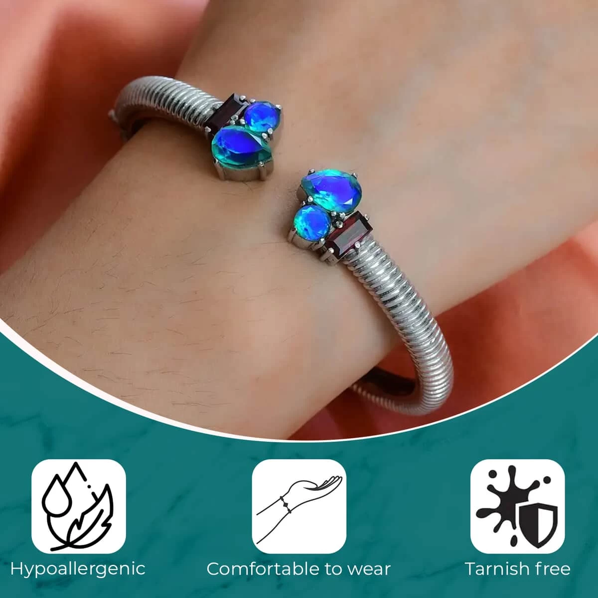 Peacock Quartz Triplet Cuff Bracelet ,Mozambique Garnet Accent Bracelet , Stainless Steel Bracelet , Durable Cuff Bracelet Tarnish-Free, Waterproof, Sweat Proof Jewelry (7.25 In) 6.75 Ctw 5 Peacock Quartz Triplet Cuff Bracelet ,Mozambique Garnet Accent Bracelet , Stainless Steel Bracelet , Durable Cuff Bracelet Tarnish-Free, Waterproof, Sweat Proof Jewelry (7.25 In) 6.75 Ctw - Image 3