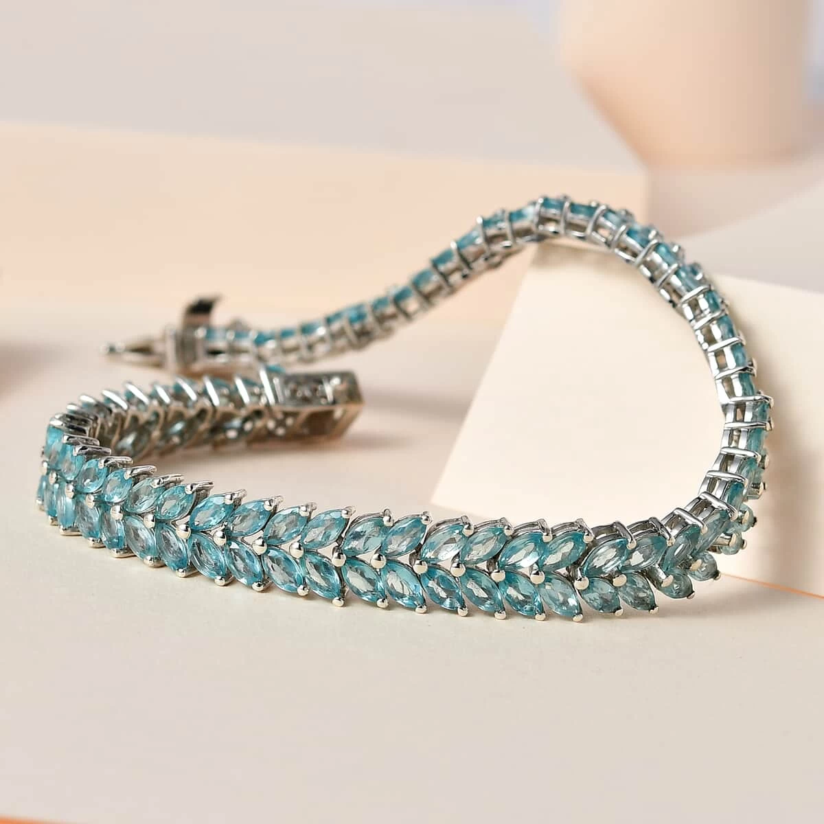 Madagascar Paraiba Apatite 2 Row Bracelet In Platinum Over Sterling Silver (6.50 In) 12.85 Ctw 4 Madagascar Paraiba Apatite 2 Row Bracelet In Platinum Over Sterling Silver (6.50 In) 12.85 Ctw - Image 2