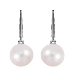 White Edison Pearl Lever Back Earrings In Rhodium Over Sterling Silver