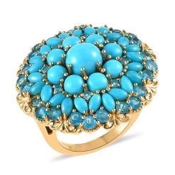 Premium Sleeping Beauty Turquoise And Malgache Neon Apatite Floral Spray Ring In Vermeil YG Over Sterling Silver 8.10 Ctw