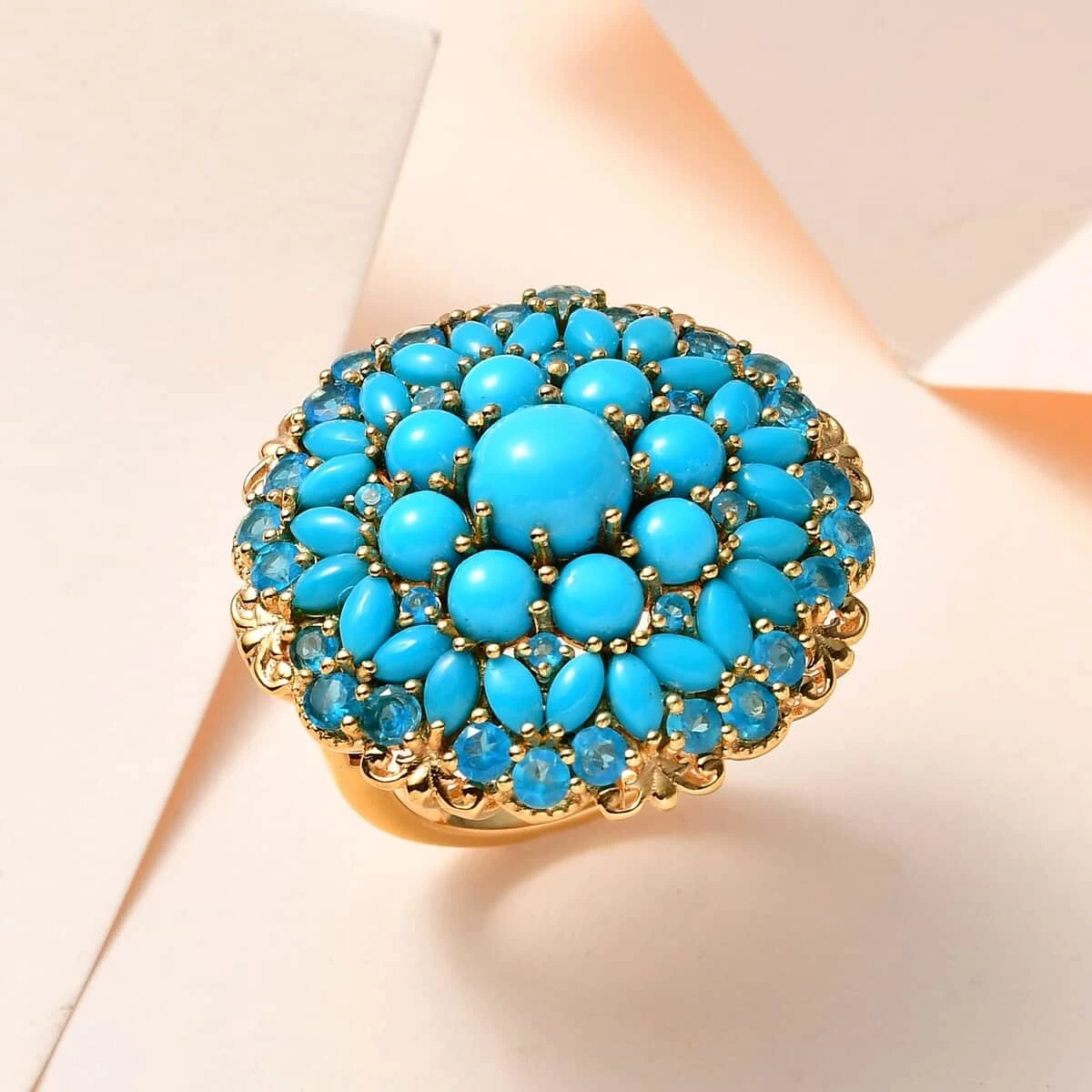 Premium Sleeping Beauty Turquoise And Malgache Neon Apatite Floral Spray Ring In Vermeil YG Over Sterling Silver 8.10 Ctw 4 Premium Sleeping Beauty Turquoise And Malgache Neon Apatite Floral Spray Ring In Vermeil YG Over Sterling Silver 8.10 Ctw - Image 2