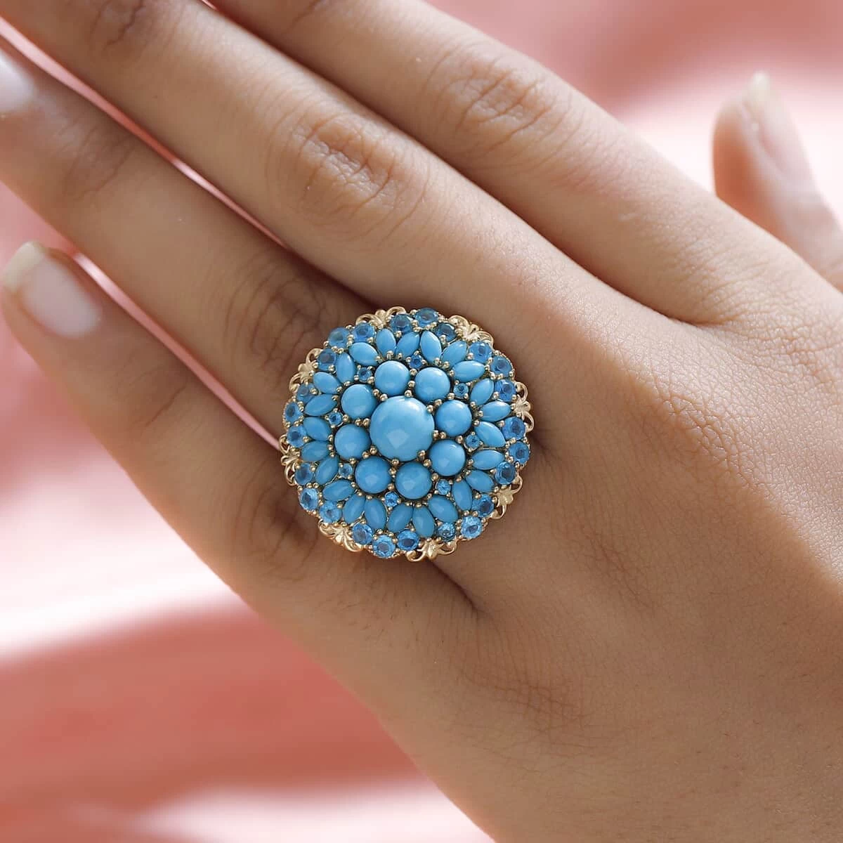 Premium Sleeping Beauty Turquoise And Malgache Neon Apatite Floral Spray Ring In Vermeil YG Over Sterling Silver 8.10 Ctw 5 Premium Sleeping Beauty Turquoise And Malgache Neon Apatite Floral Spray Ring In Vermeil YG Over Sterling Silver 8.10 Ctw - Image 3
