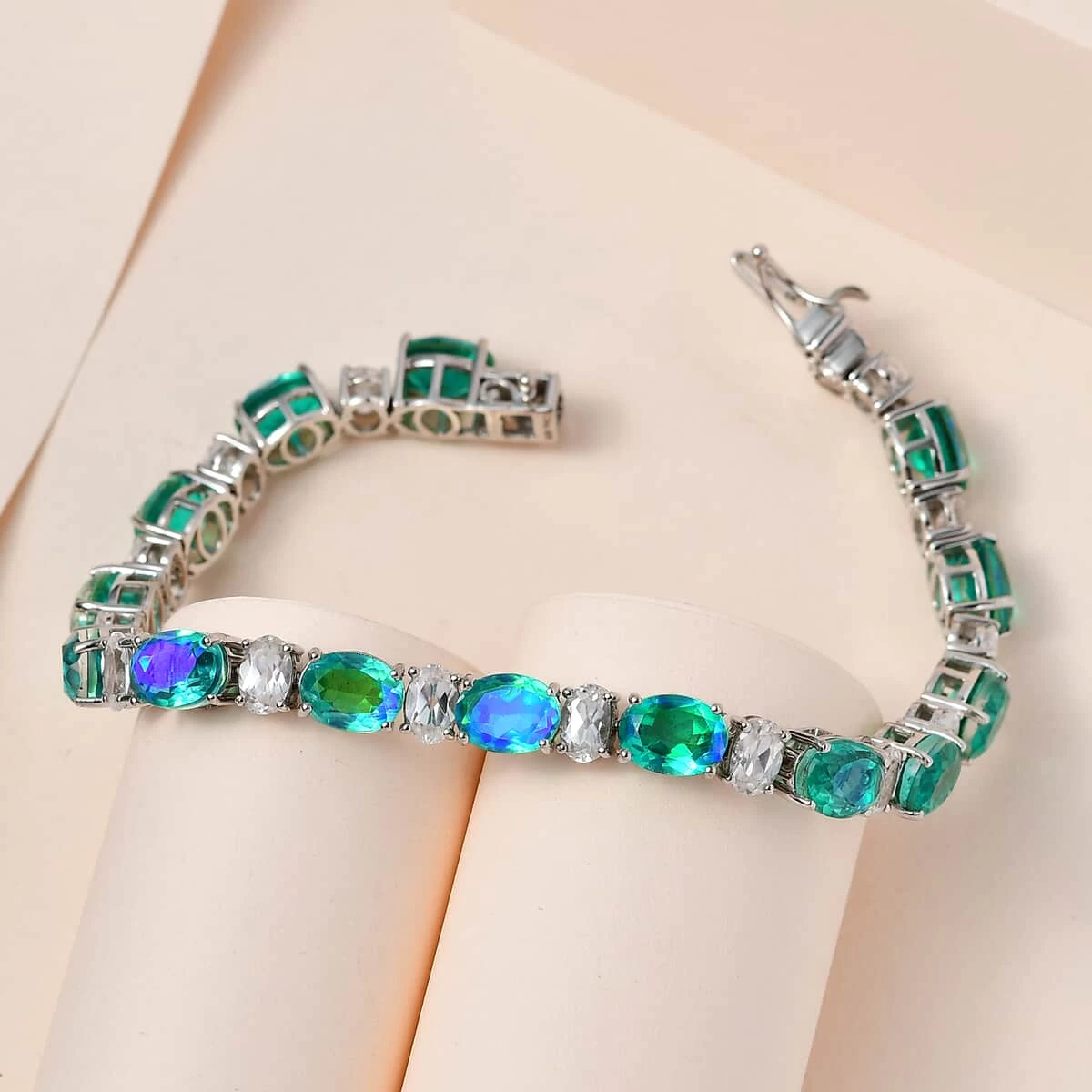 Peacock Quartz (Triplet) And White Zircon Tennis Bracelet In Platinum Over Sterling Silver (7.25 In) 29.75 Ctw 4 Peacock Quartz (Triplet) And White Zircon Tennis Bracelet In Platinum Over Sterling Silver (7.25 In) 29.75 Ctw - Image 2