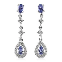 Tanzanite And White Zircon Dangling Earrings In Platinum Over Sterling Silver 1.40 Ctw