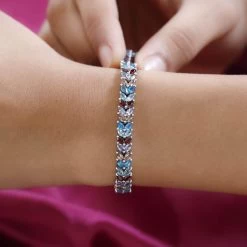 Multi Gemstone 2 Row Bracelet In Platinum Over Sterling Silver (7.25 In) 11.60 Ctw -Jewelry store 7538968 2