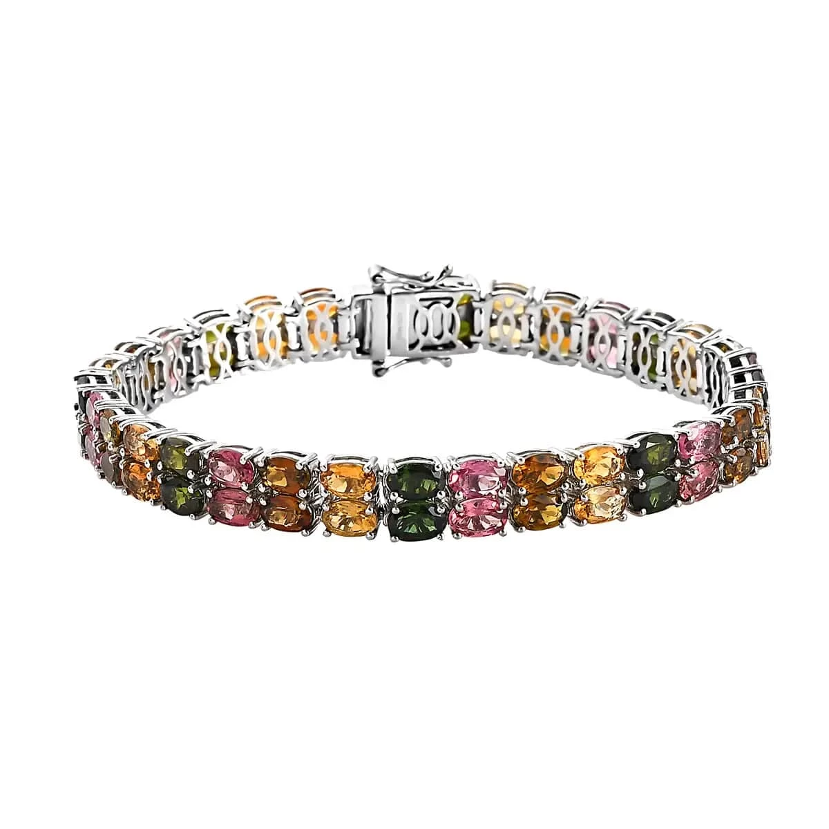 Multi-Tourmaline Double Row Bracelet In Platinum Over Sterling Silver (8.00 In) (19.65 G) 27.25 Ctw 3 Multi-Tourmaline Double Row Bracelet In Platinum Over Sterling Silver (8.00 In) (19.65 G) 27.25 Ctw