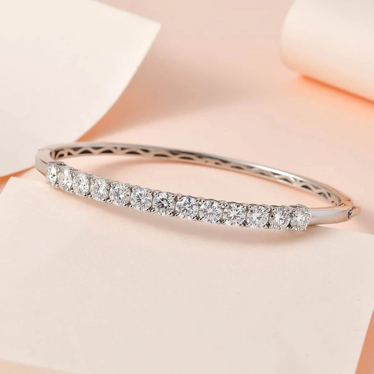 Moissanite Bangle Bracelet, Moissanite Bracelet, Platinum Over Sterling Silver Bracelet, Moissanite Jewelry (7.25 In) 5.60 Ctw 4 Moissanite Bangle Bracelet, Moissanite Bracelet, Platinum Over Sterling Silver Bracelet, Moissanite Jewelry (7.25 In) 5.60 Ctw - Image 2