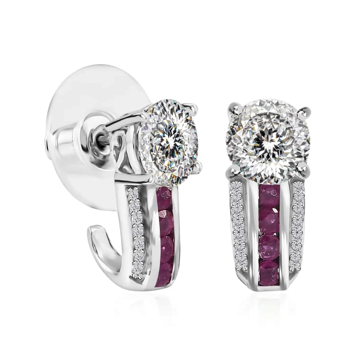 120 Facets Moissanite And Niassa Ruby (FF) J-Hoop Earrings In Platinum Over Sterling Silver 3.00 Ctw 3 120 Facets Moissanite And Niassa Ruby (FF) J-Hoop Earrings In Platinum Over Sterling Silver 3.00 Ctw