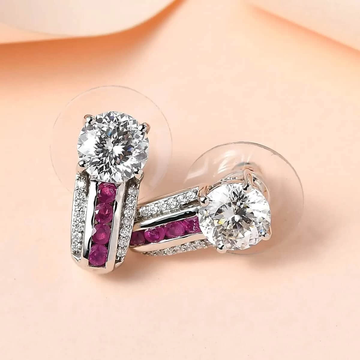 120 Facets Moissanite And Niassa Ruby (FF) J-Hoop Earrings In Platinum Over Sterling Silver 3.00 Ctw 4 120 Facets Moissanite And Niassa Ruby (FF) J-Hoop Earrings In Platinum Over Sterling Silver 3.00 Ctw - Image 2