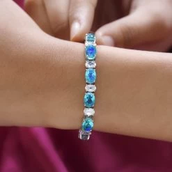 Peacock Quartz (Triplet) And White Zircon Tennis Bracelet In Platinum Over Sterling Silver (6.50 In) 27.75 Ctw -Jewelry store 7547306 2