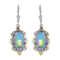Premium Ethiopian Welo Opal And Tanzanite Lever Back Earrings In Vermeil YG And Platinum Over Sterling Silver 4.25 Ctw