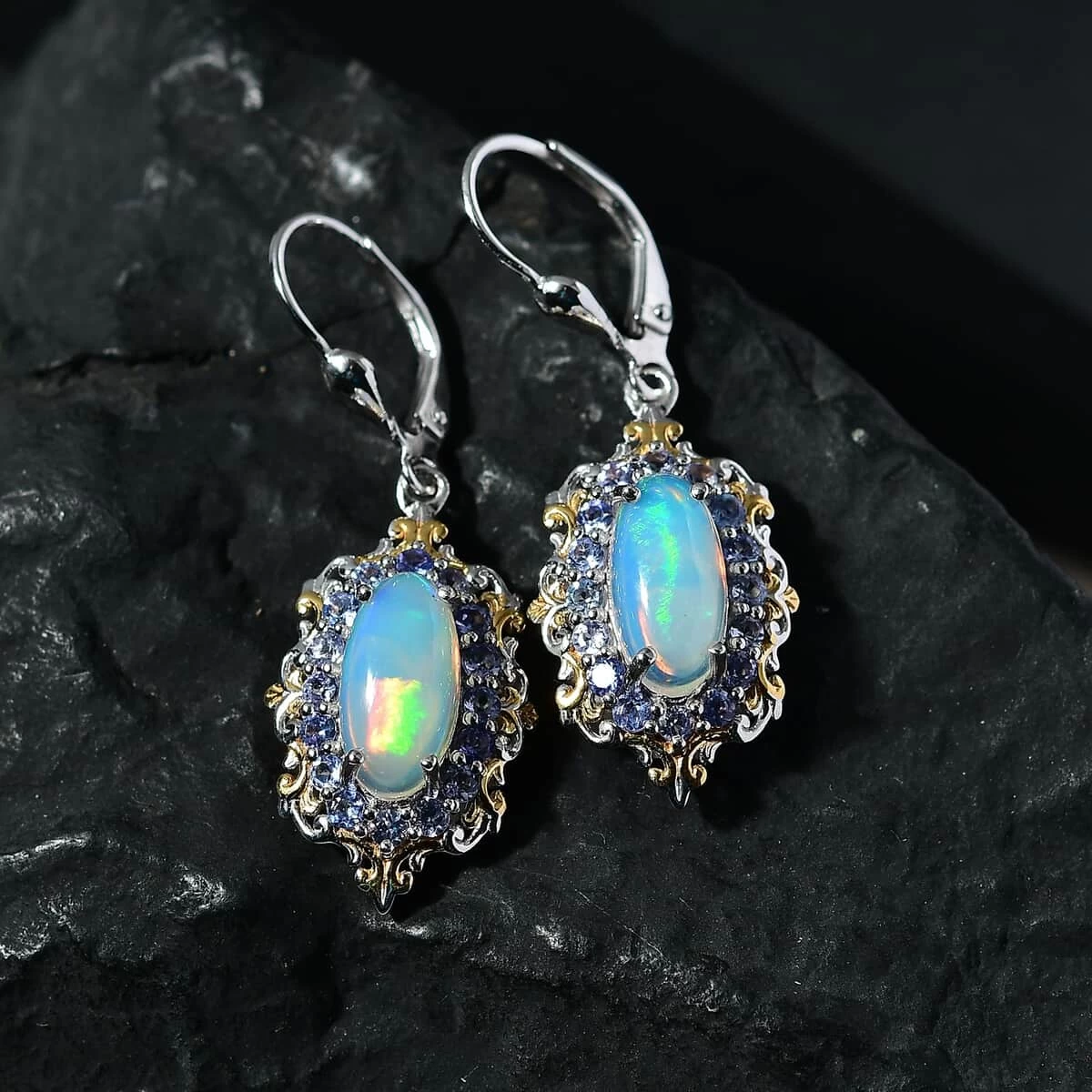 Premium Ethiopian Welo Opal And Tanzanite Lever Back Earrings In Vermeil YG And Platinum Over Sterling Silver 4.25 Ctw 4 Premium Ethiopian Welo Opal And Tanzanite Lever Back Earrings In Vermeil YG And Platinum Over Sterling Silver 4.25 Ctw - Image 2