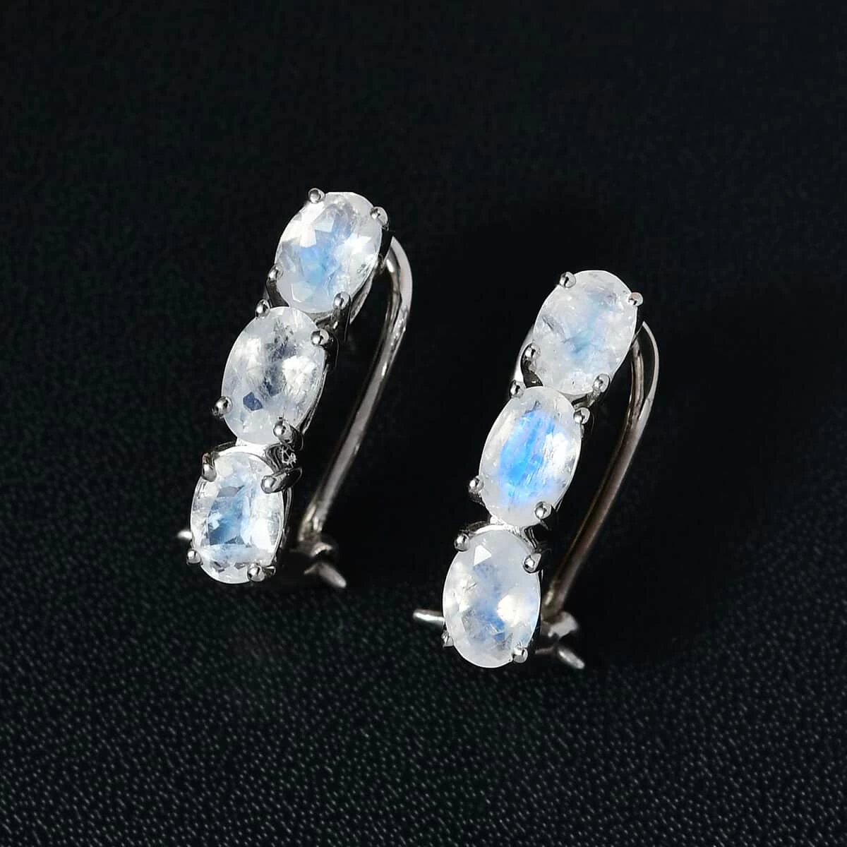 Premium Rainbow Moonstone Hoop Earrings In Platinum Over Sterling Silver 2.65 Ctw 4 Premium Rainbow Moonstone Hoop Earrings In Platinum Over Sterling Silver 2.65 Ctw - Image 2