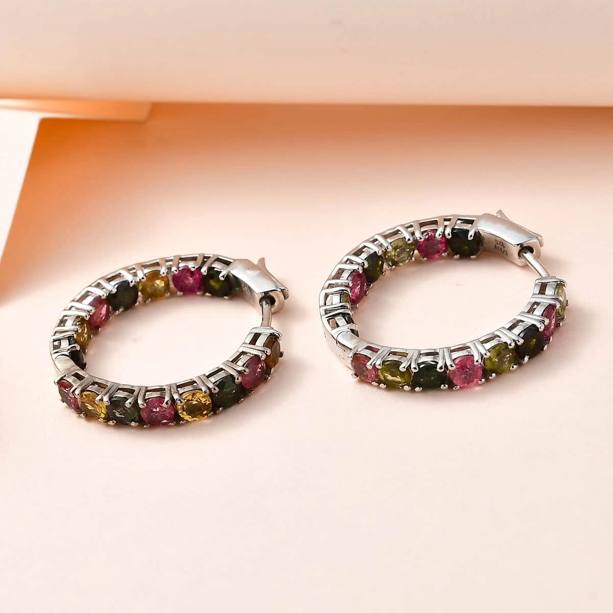 Multi-Tourmaline Inside Out Hoop Earrings In Platinum Over Sterling Silver 5.75 Ctw 4 Multi-Tourmaline Inside Out Hoop Earrings In Platinum Over Sterling Silver 5.75 Ctw - Image 2