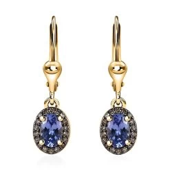 Tanzanite And Natural Champagne Diamond Lever Back Earrings In Vermeil Yellow Gold Over Sterling Silver 1.20 Ctw